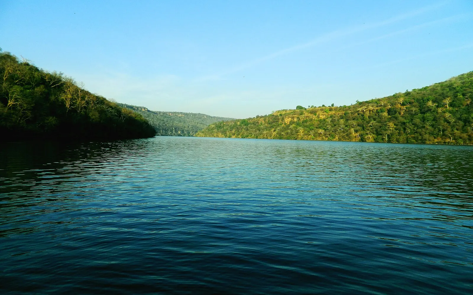 The Chambal River near Kota with green hills on both banks under a clear sky