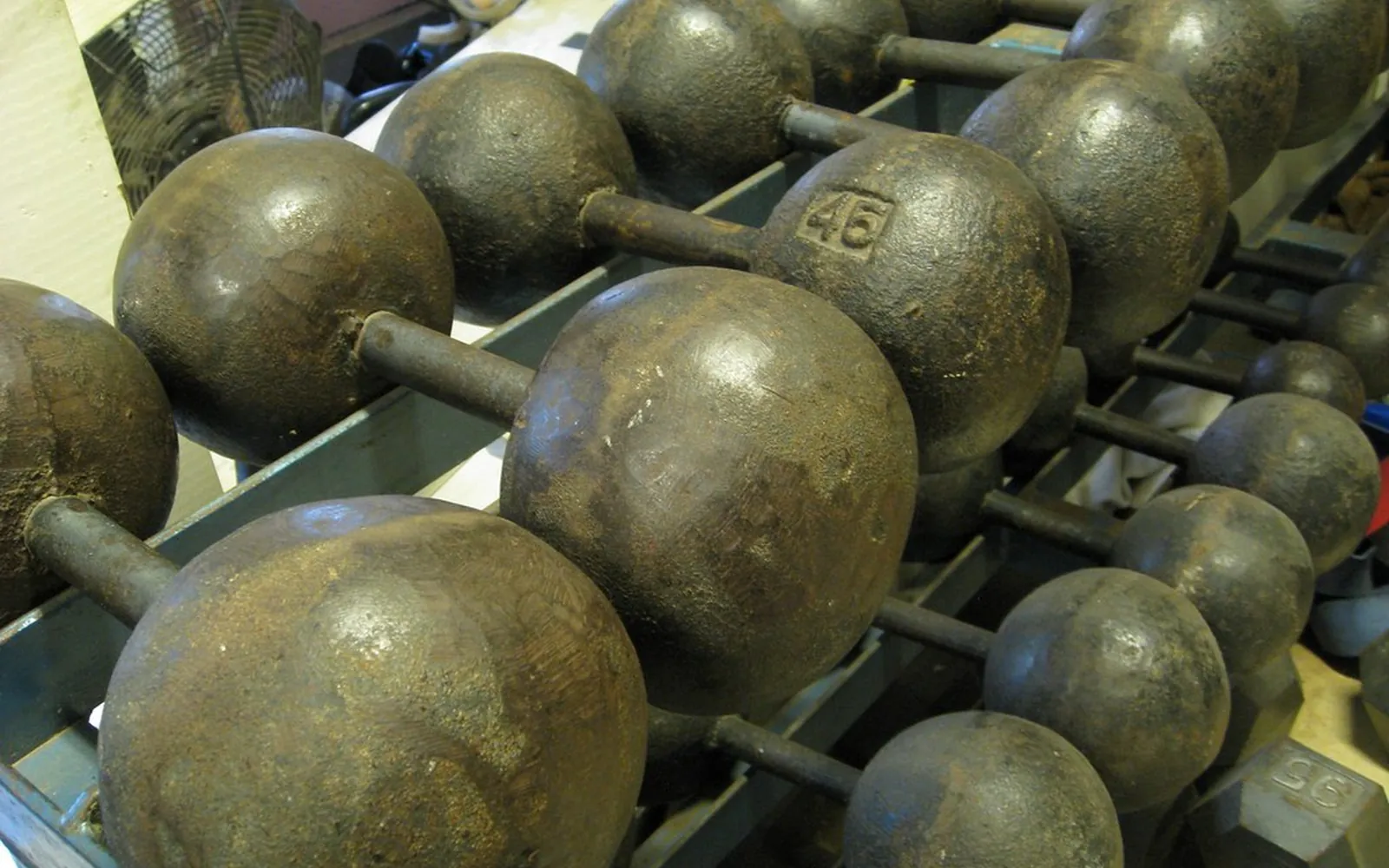 A rack of old cast-iron dumbbells in a weight room