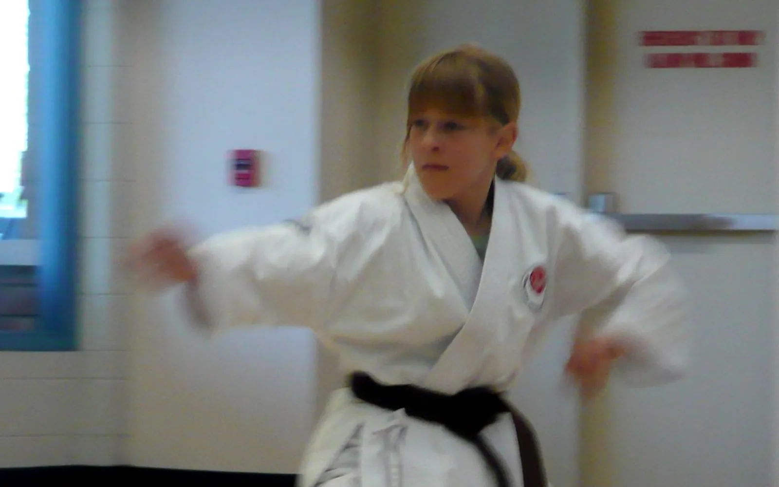 A young karate student in a white gi practising a punch in a training hall